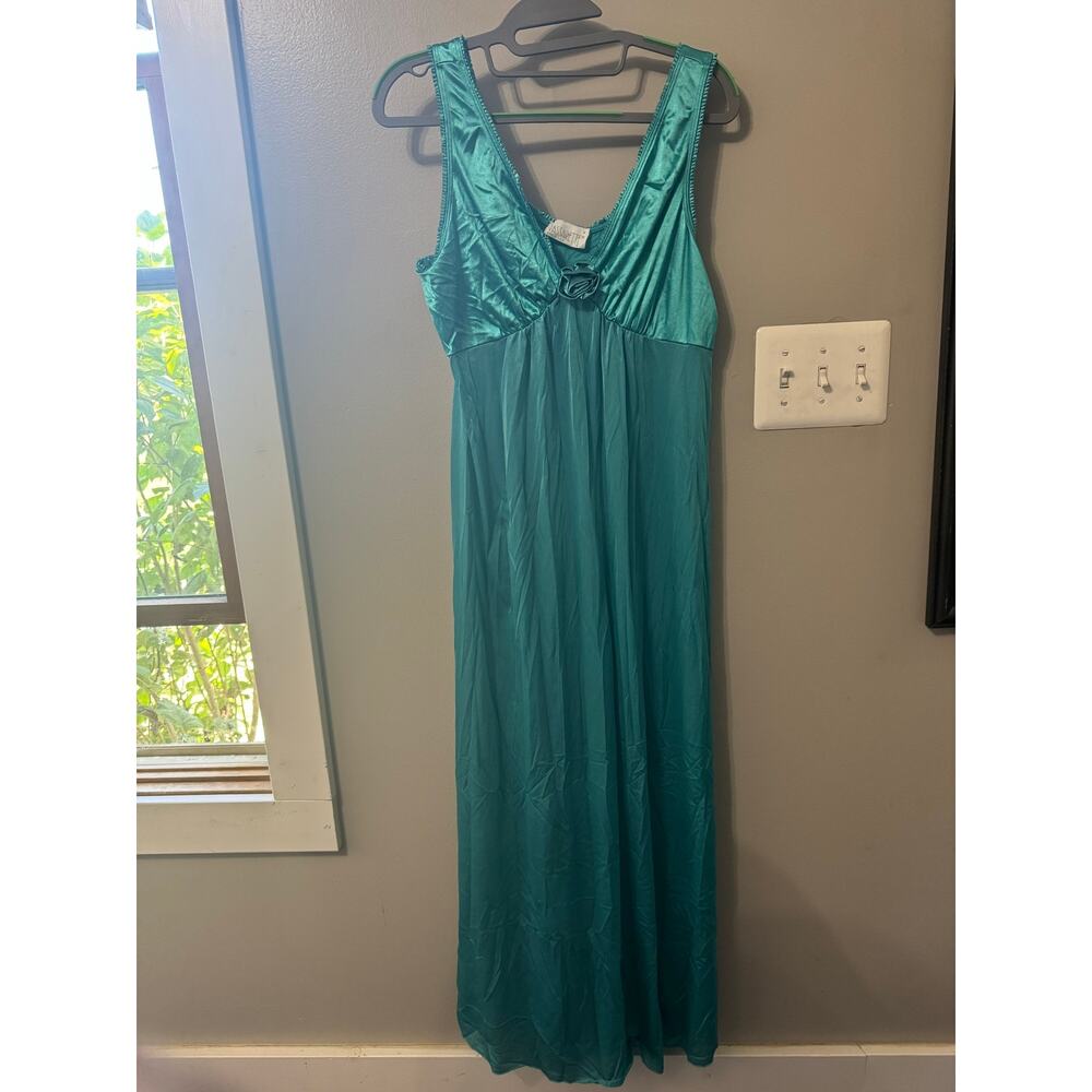 VTG Womens Med Vassarette Full Length Teal Nightgown Nylon-Rose-Trim Detail